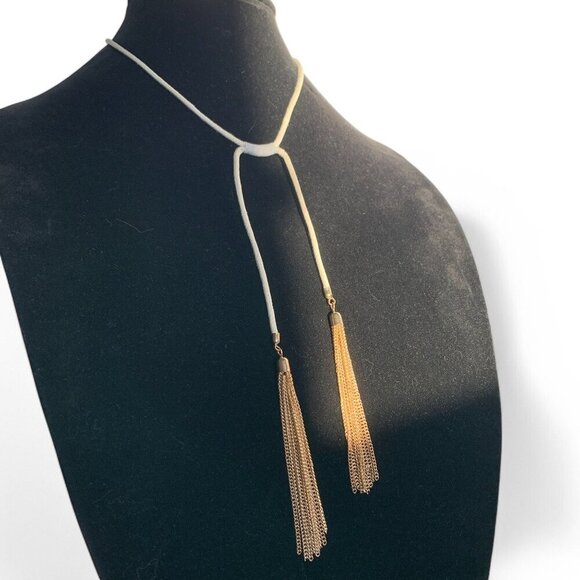 White Rope Gold-Tone Lariat Necklace Gold Tassel Chain Ends & Adjustable Closure - Picture 5 of 10